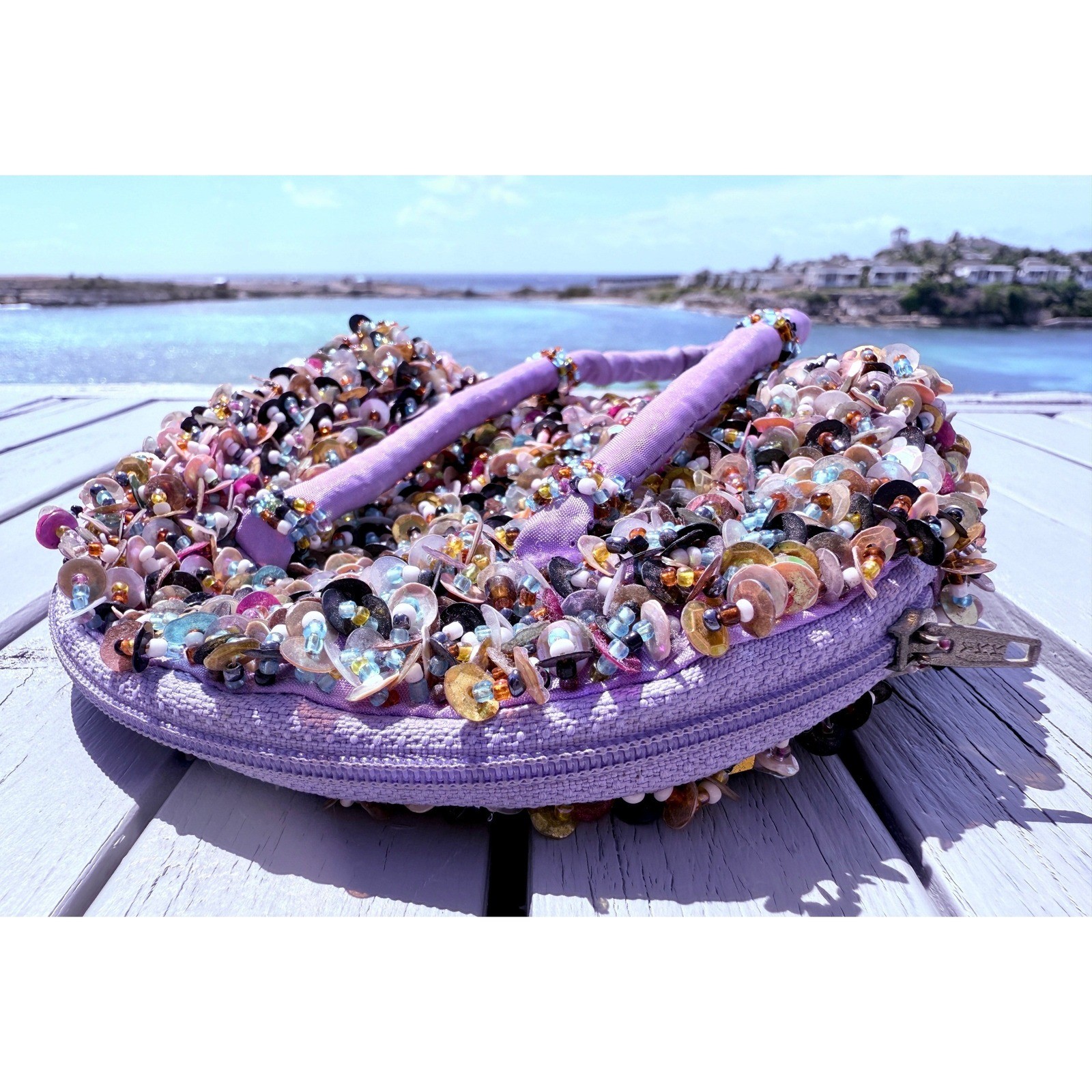 Kitschy Artsty Purple Beaded Sequin Mini Handbag Multi Color Embellished Purse
