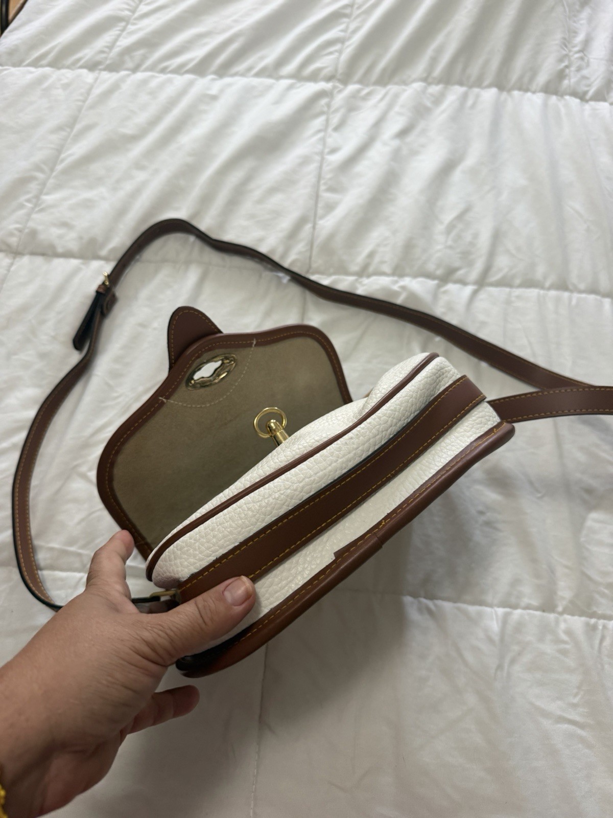 Dooney & Bourke Ivory/Brown Small Crossbody Bag Turn Lock, Gold Hardware