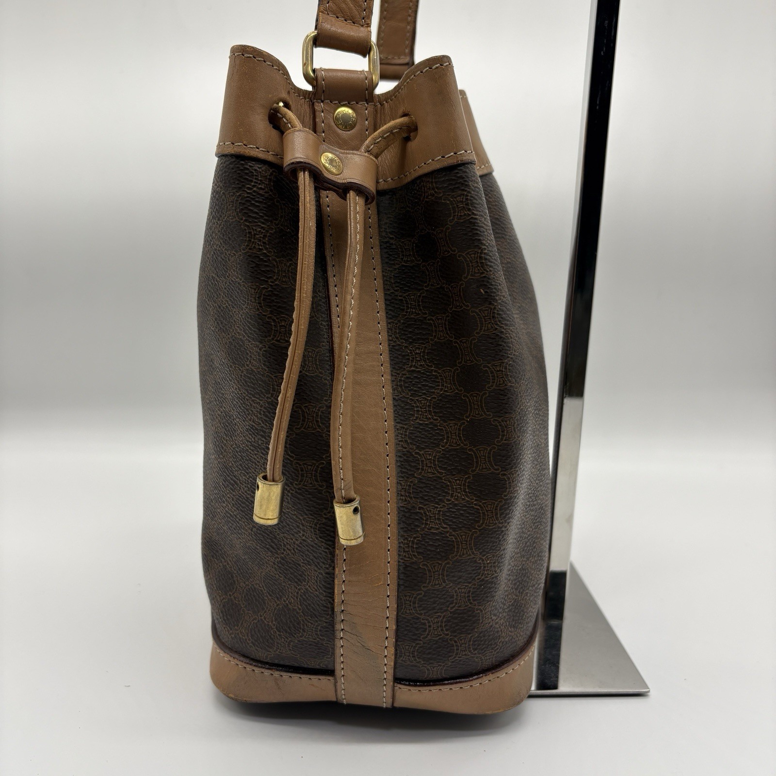 CELINE Macadam Drawstring Bag Pouch PVC Leather Brown Vintage Purse Authentic