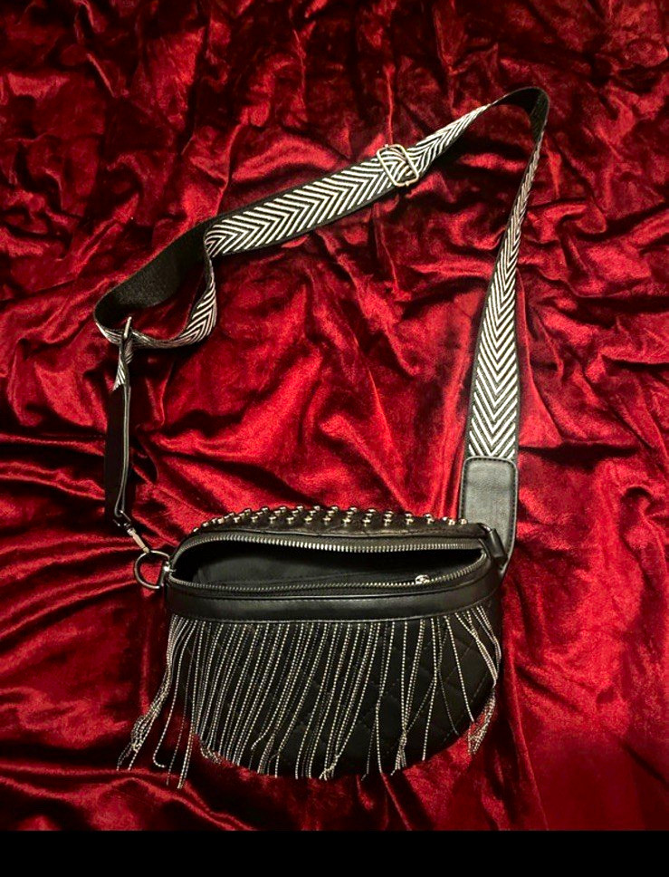 Black Small Crescent Crossbody Bag Chevron Adjustable Strap Zip Fringe Studs