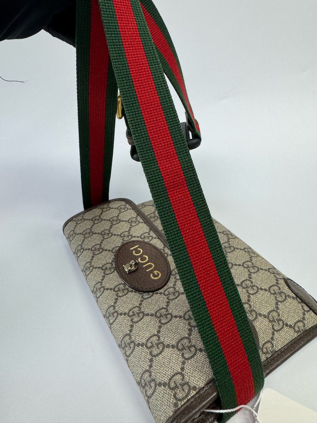 Gucci Neo Vintage GG Supreme Tiger Head Belt Bag Web Strap Beige Ebony Crossbody