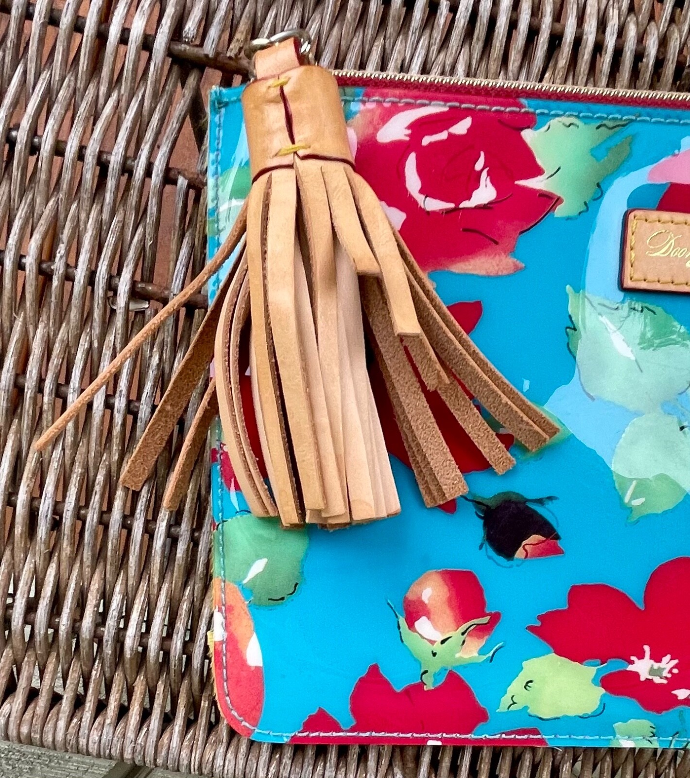 Dooney & Bourke Blue Red Cabbage Rose Carrington Pouch Clutch Tassle Makeup Bag