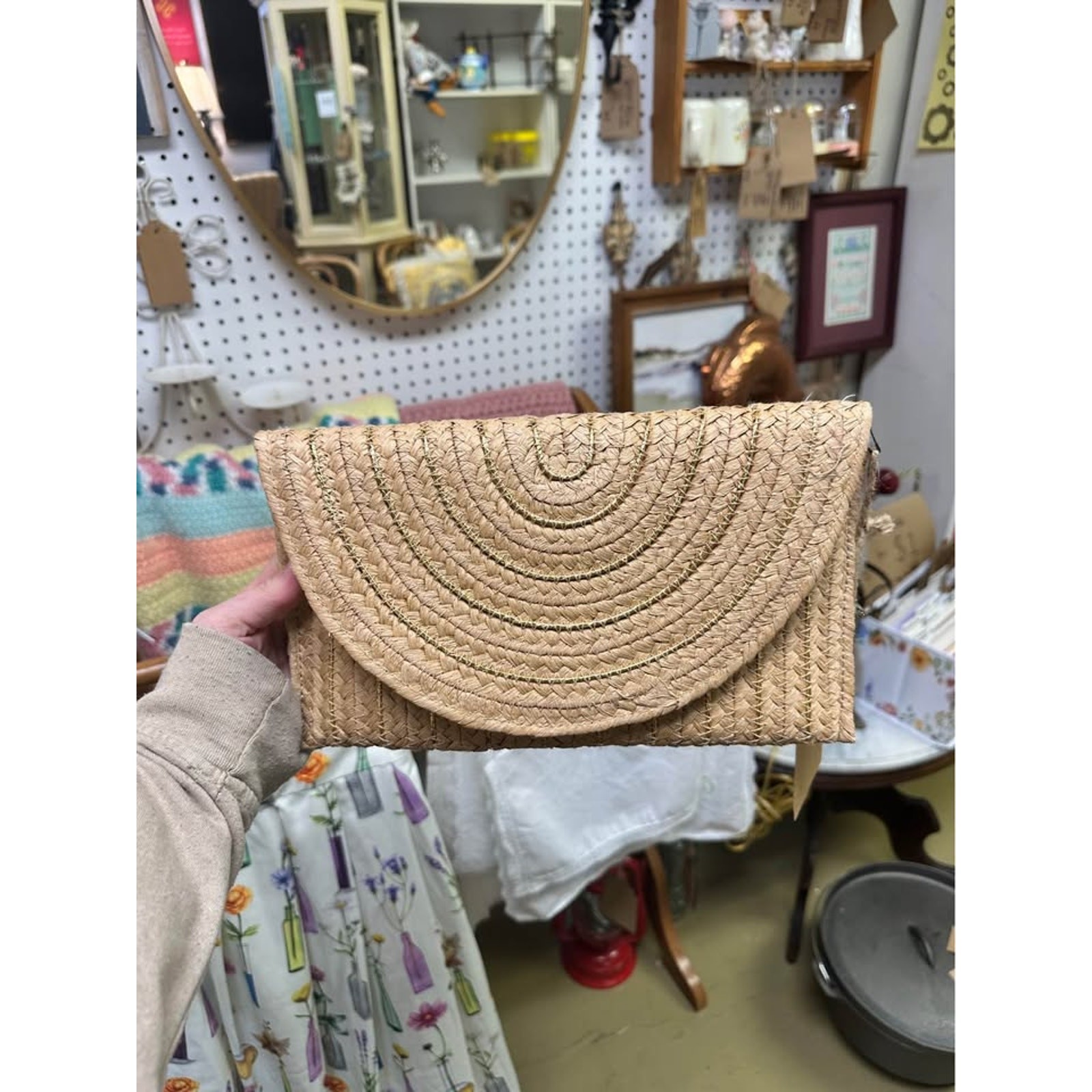 Beautiful Sol and Mer Natural Woven Clutch with Gold Accent and Chain Strap