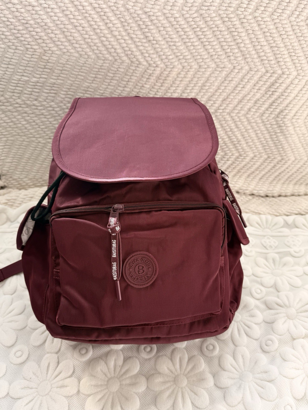 Water-Resistant Burgundy Oxford Backpack with Laptop Sleeve & Luggage Strap