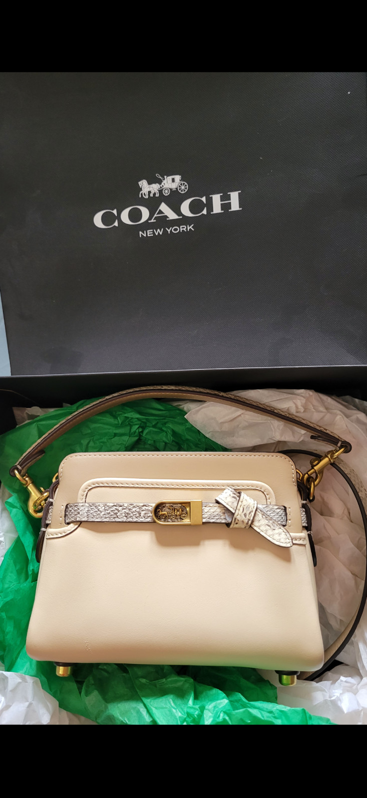 COACH TATE 18 Snakeskin & Ivory Leather CrossBody Handel Carry Studded Feet