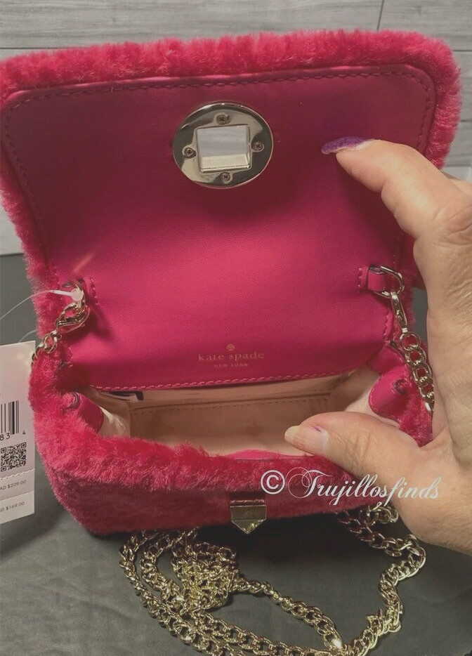 Kate Spade Audrey Faux Shearling Micro Crossbody Bag Festive Pink K9280 New