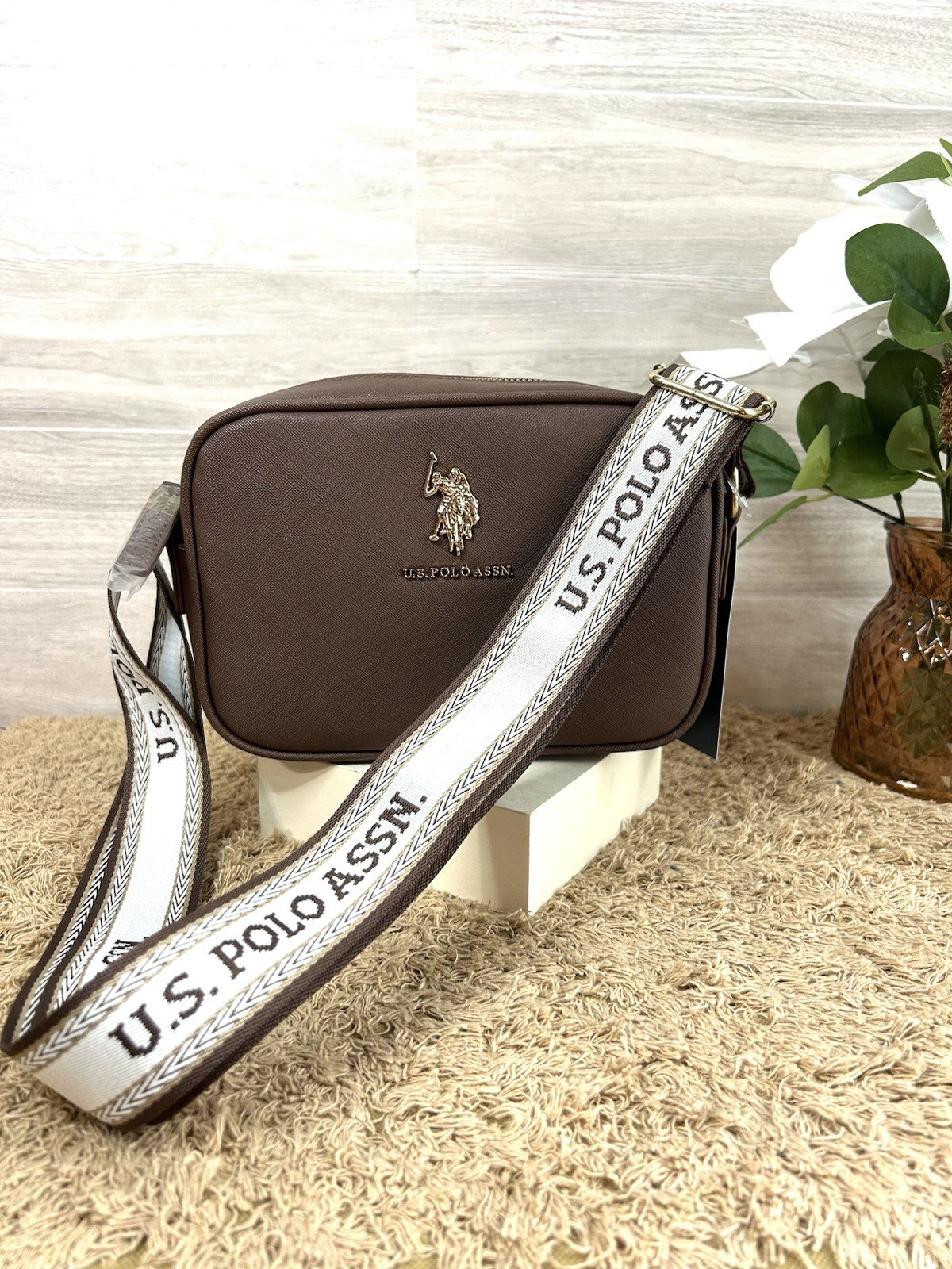 U.S. Polo Assn Brown Crossbody Bag Gold Logo Adjustable Strap New With Tag