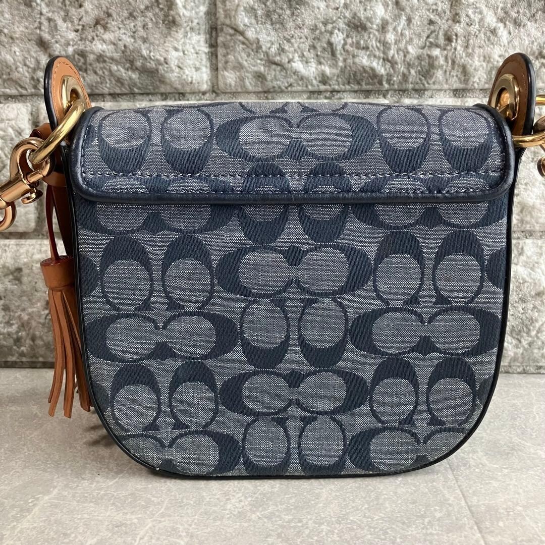 COACH Cleo Denim Signature Shoulder Bag Navy Fringe Tassel C8512 Auth