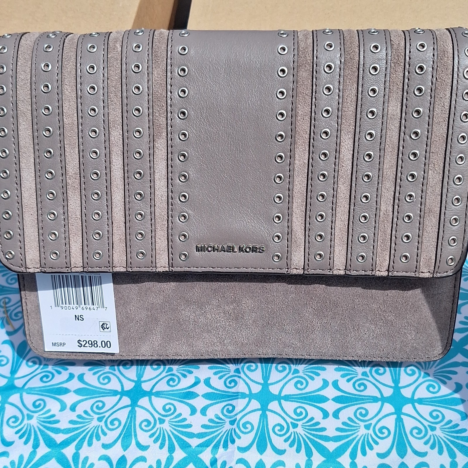 Michael Kors Brooklyn Grommet Large Gray Crossbody Bag Silver Hardware Snap