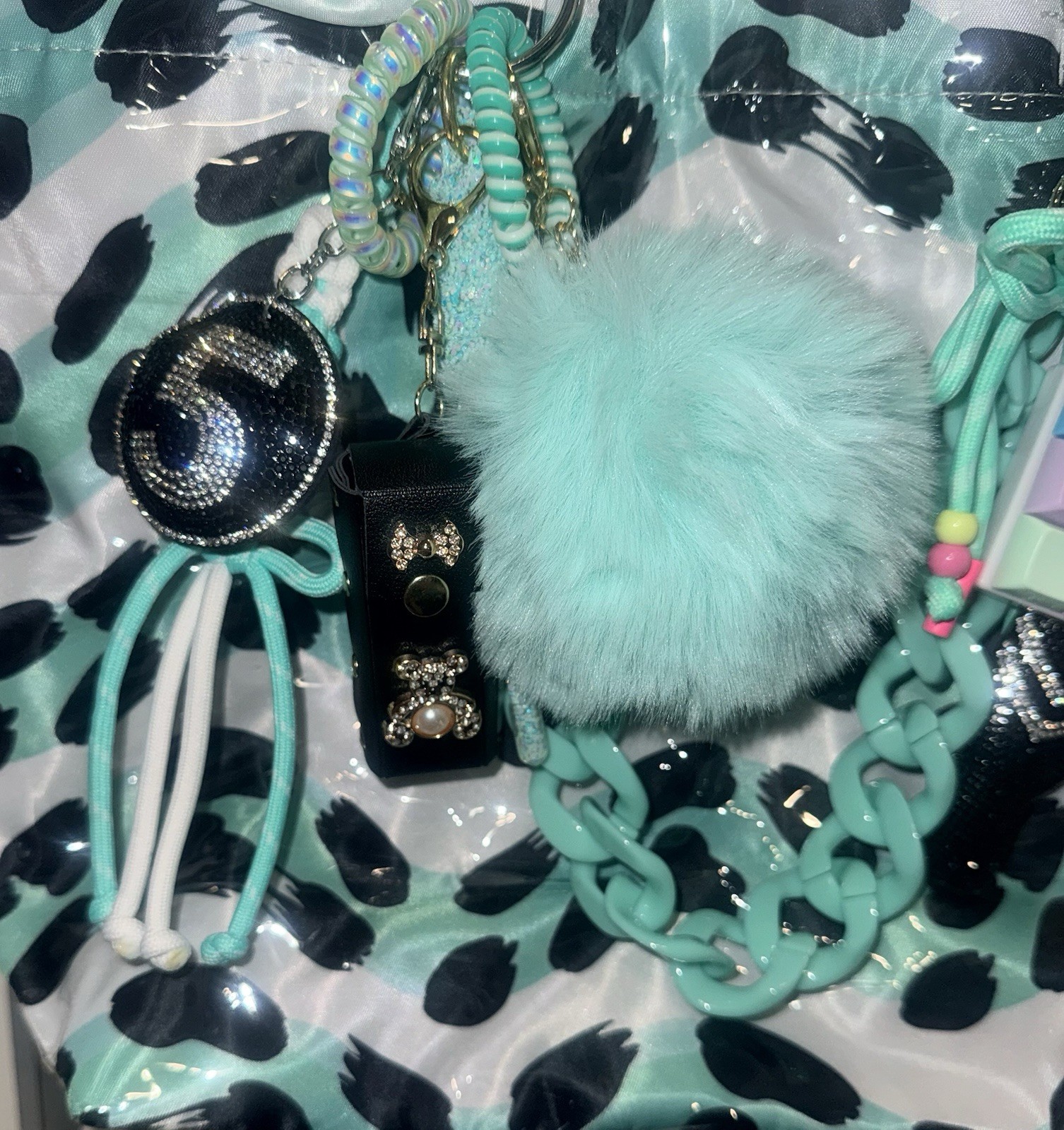 Mint Green/White/Black Animal Print Vinyl Tote bag adorned with charms! 🖤🤍