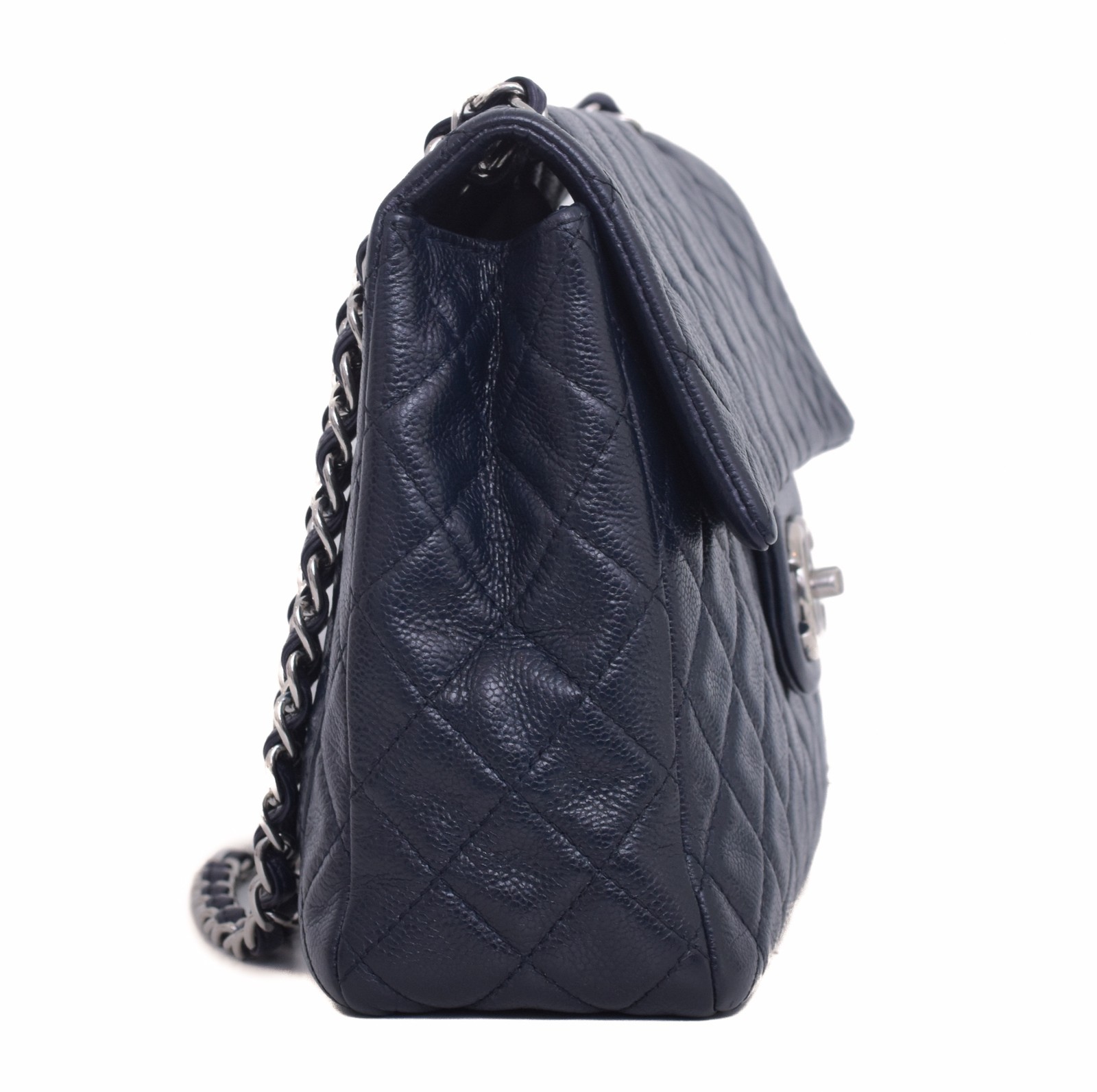 CHANEL Navy Caviar Leather Classic Jumbo Flap Silver CC Chain Shoulder Bag Purse
