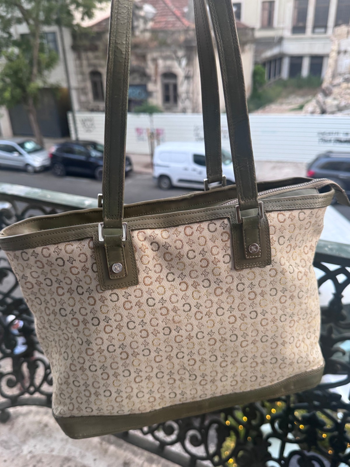 CELINE Macadam Tote Leather Canvas C logo Y2K Handbag Shoulder Bag Green Beige
