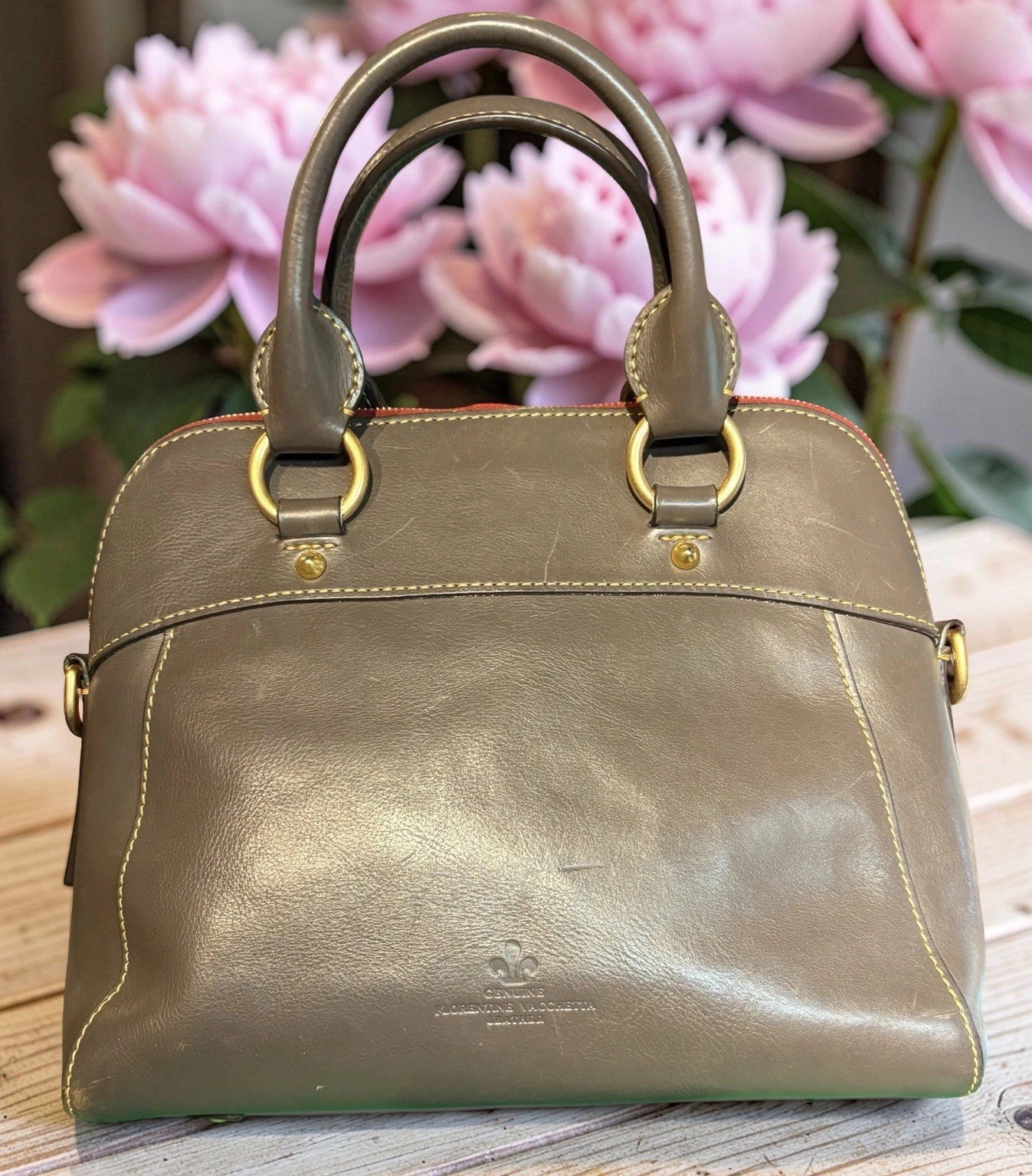 Dooney Bourke Elephant Gray Cameron Florentine Vacchetta Leather Satchel Bag