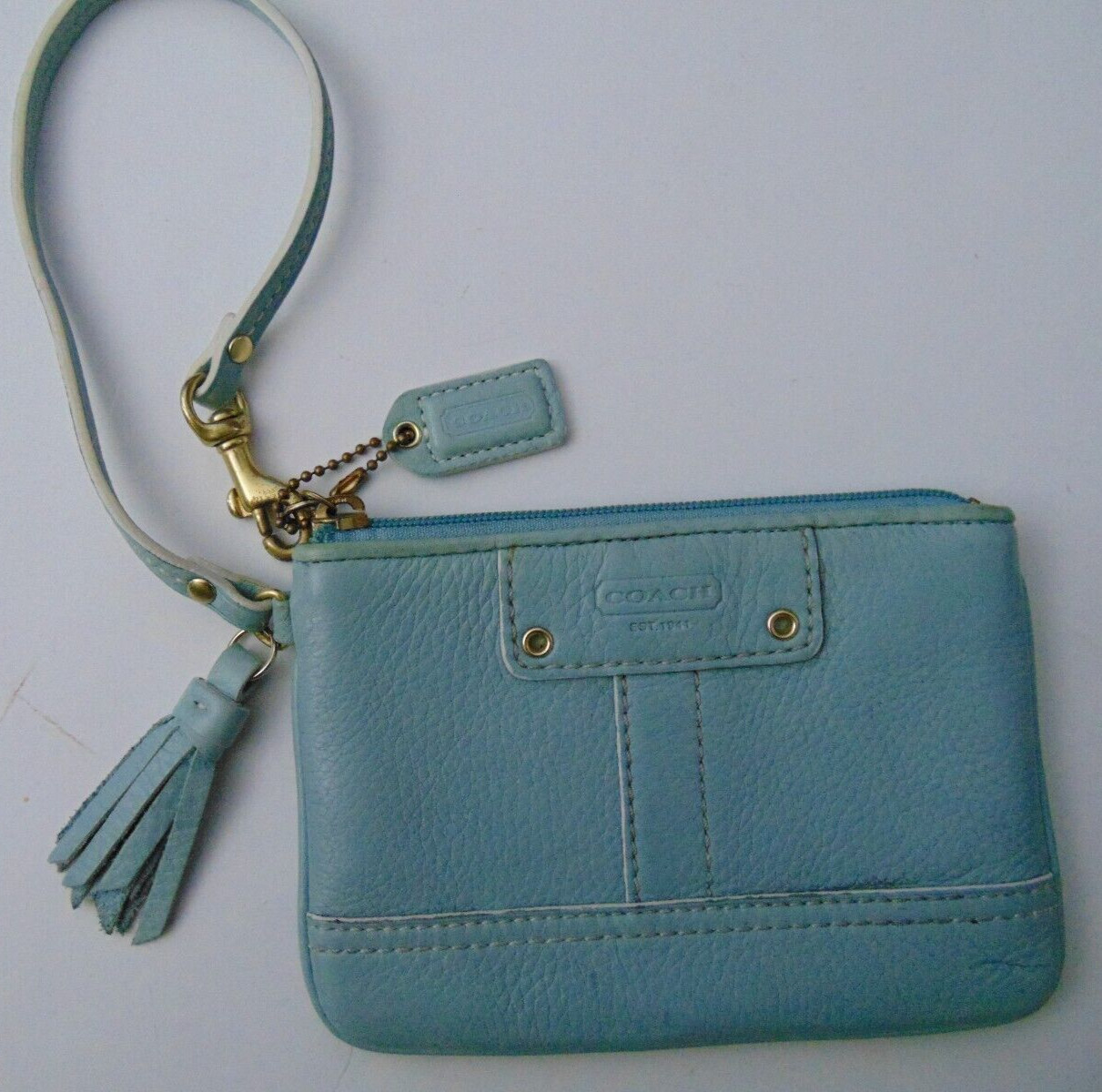 Coach light blue pebble leather 4X6 inch wristlet