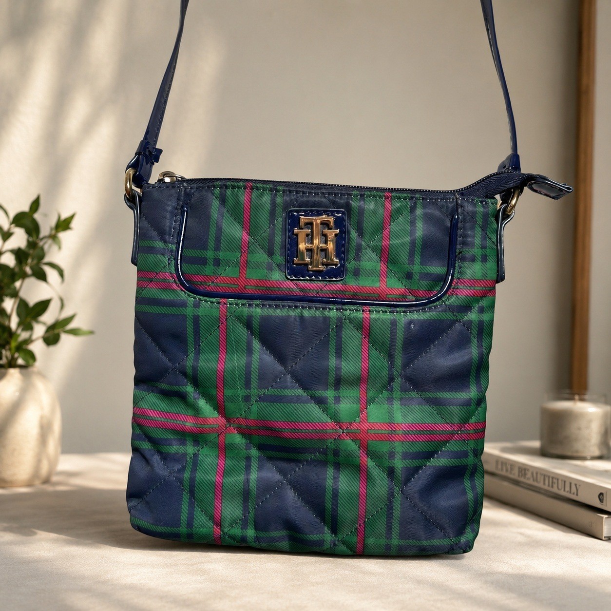 Tommy Hilfiger Green Navy Plaid Quilted Crossbody Bag Purse Preppy Classy