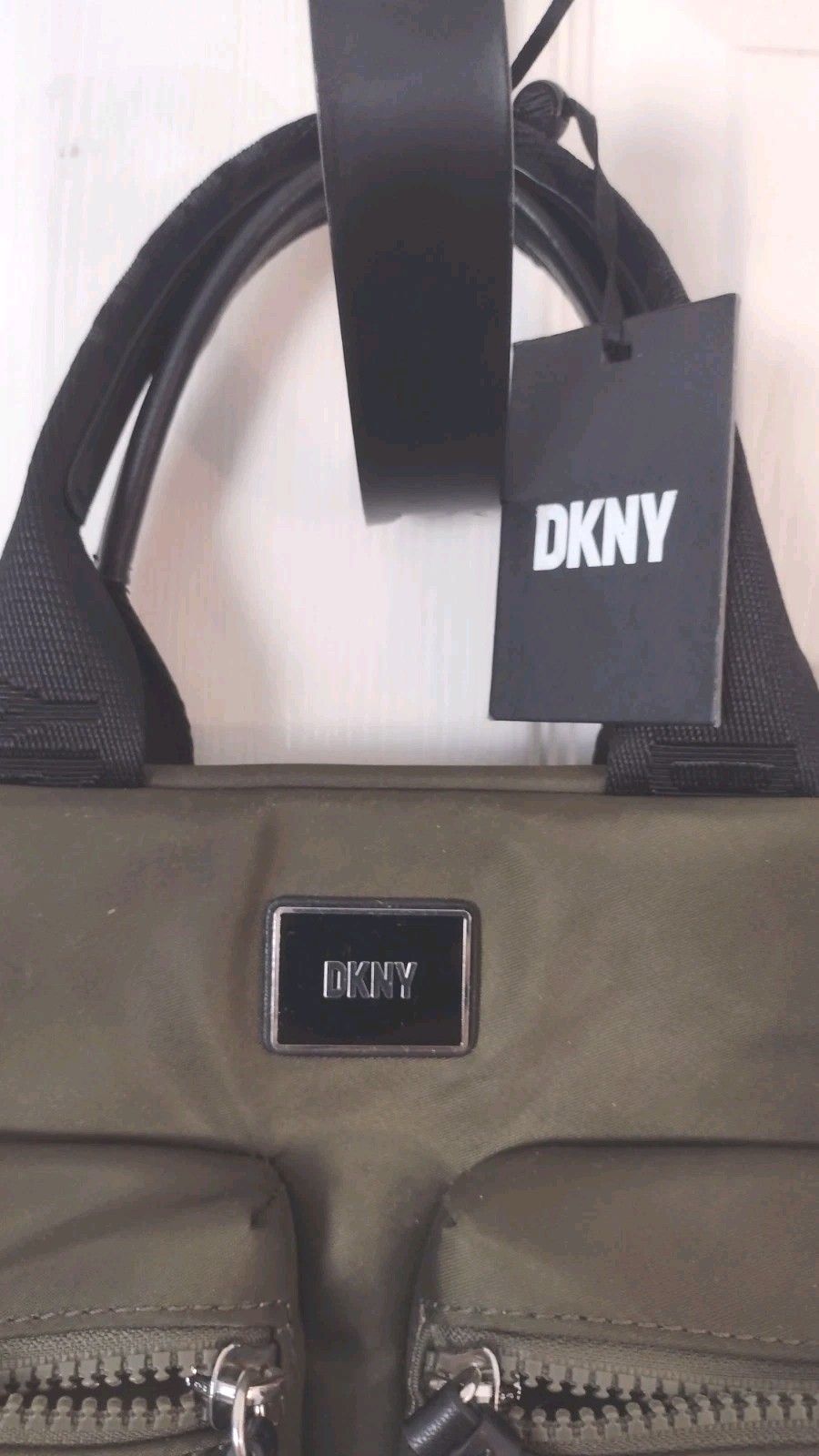 DKNY Green Satchel Top Handle Bag Shoulder Strap Zip Closure Outer Pockets