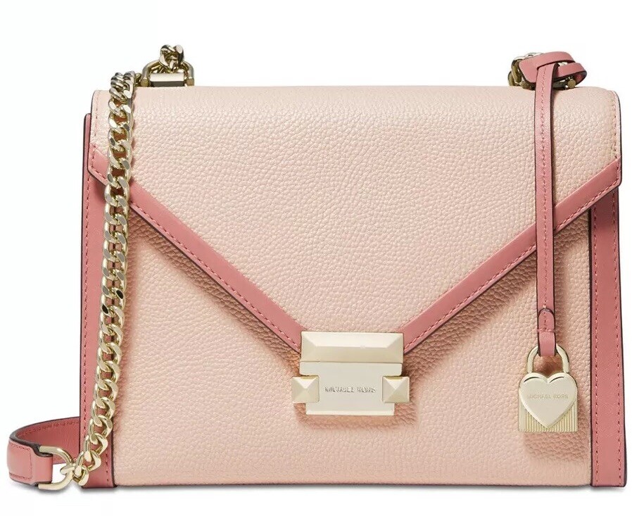 New Michael Kors Whitney bicolor leather small shoulder bag soft pink gold chain