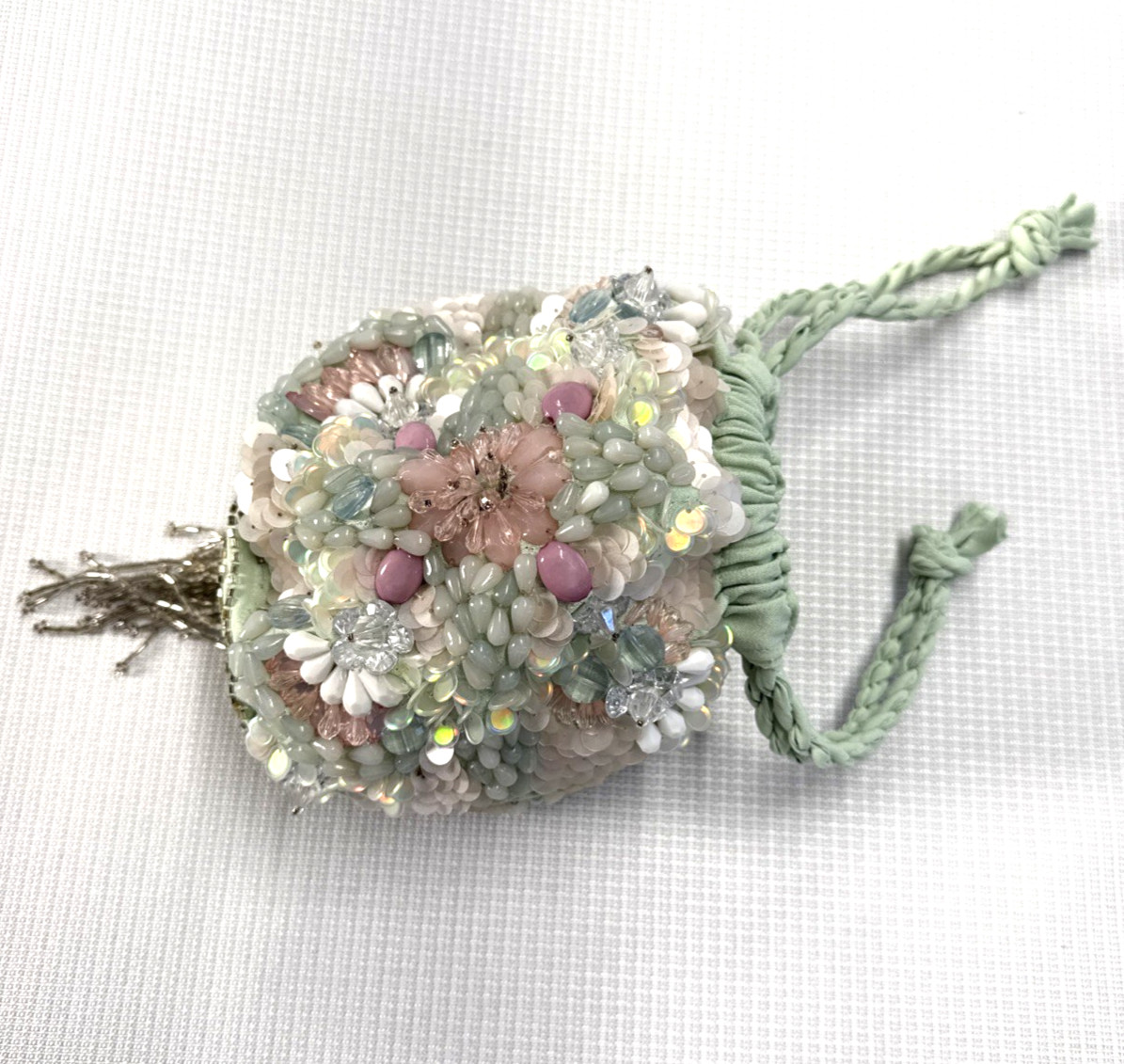 ASOS Crystal Beaded + Sequined Mini Grab Drawstring Round Spring Clutch Purse