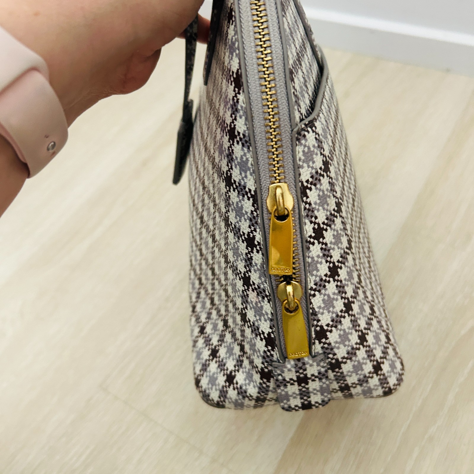 Oroton Maison Griptop Plaid Genuine Leather Bowling Bag Shoulder Strap Zip Top