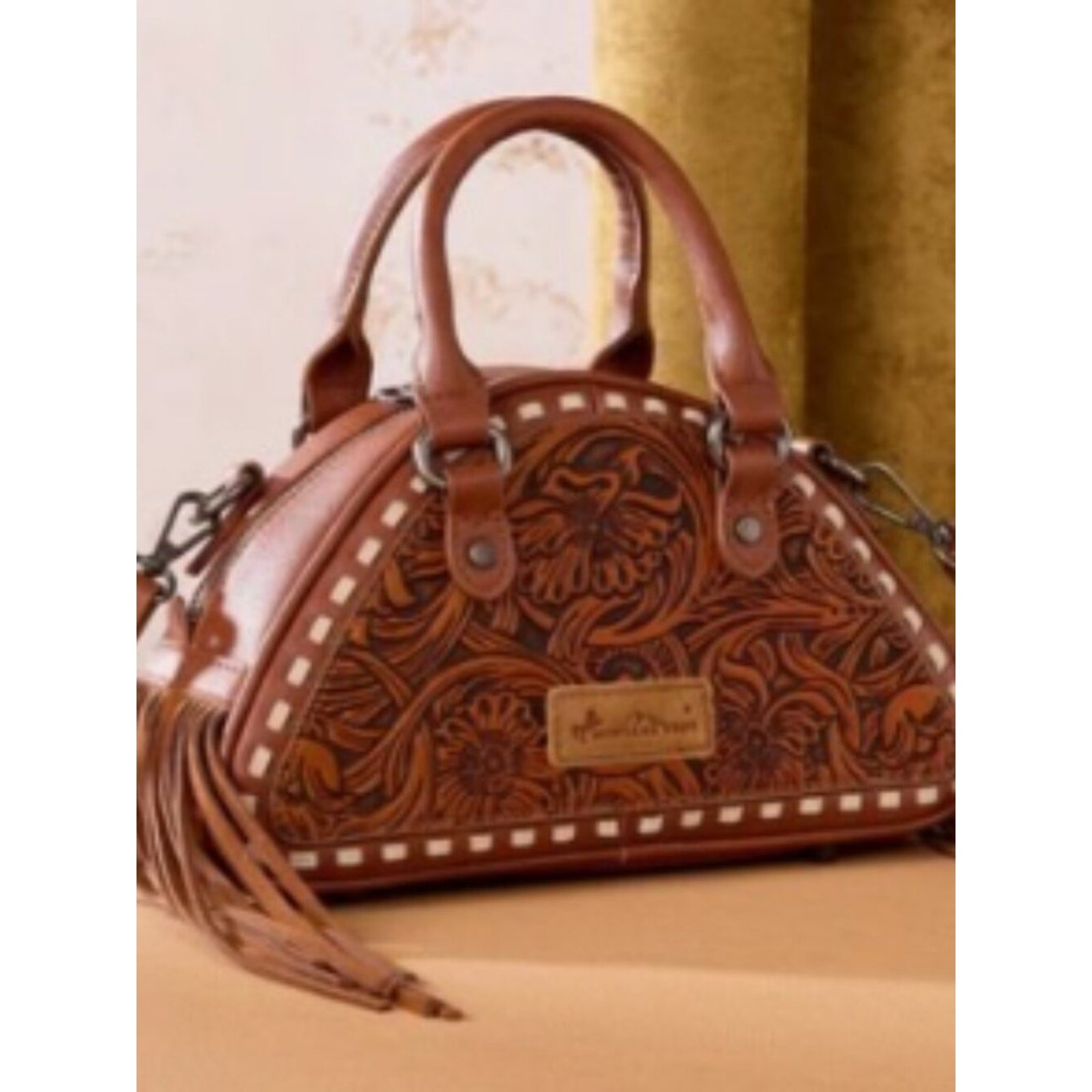 Montana West Tooled Floral Fringe Dome Satchel Bag Brown NWT