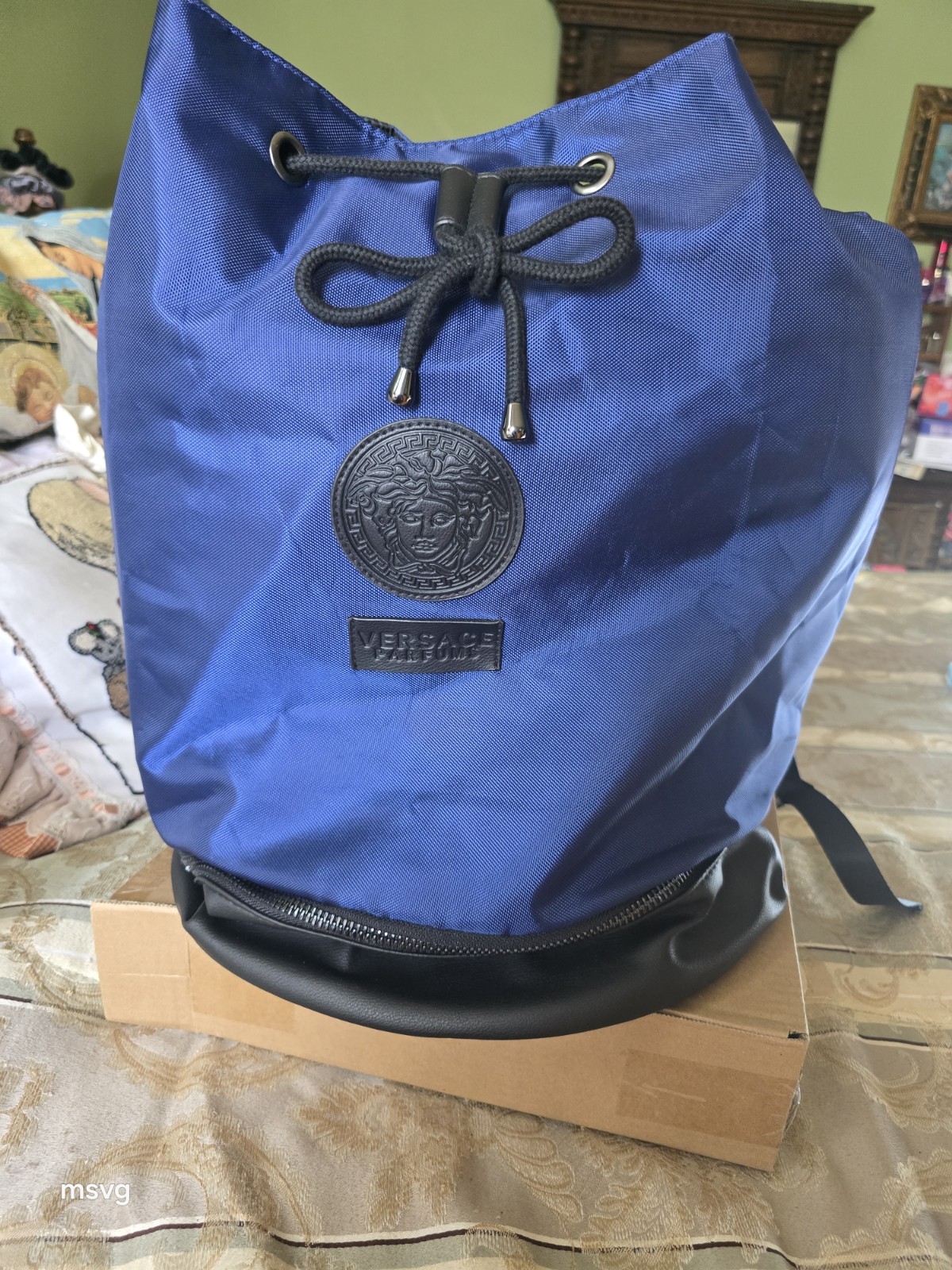 Navy and Black Versace Perfume Backpack Bag