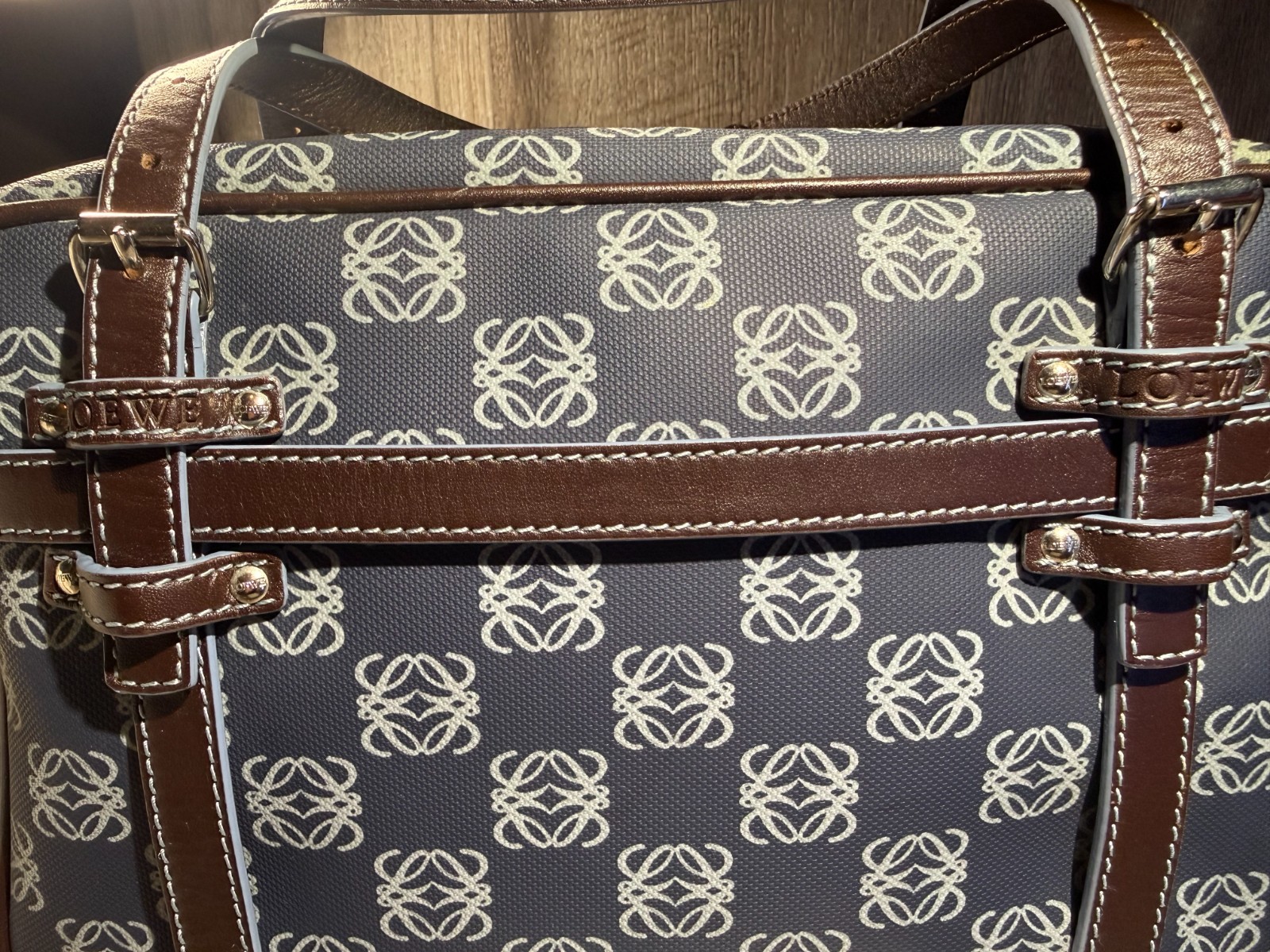 Vintage Authentic Loewe Anagram Boston Bag Blue Canvas with Brown Leather Trim