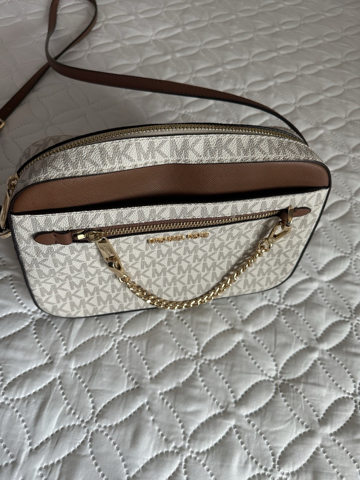 Michael Kors Monogram Crossbody Bag Beige/Brown Zip Gold Chain Detachable Strap