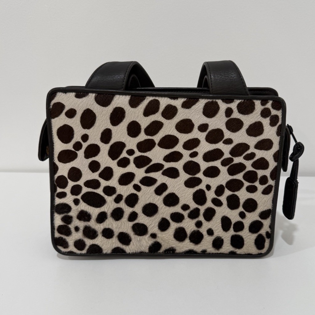 VTG Carlos Falchi Animal Print Calf Hair Leather Handbag Tan Dark Brown