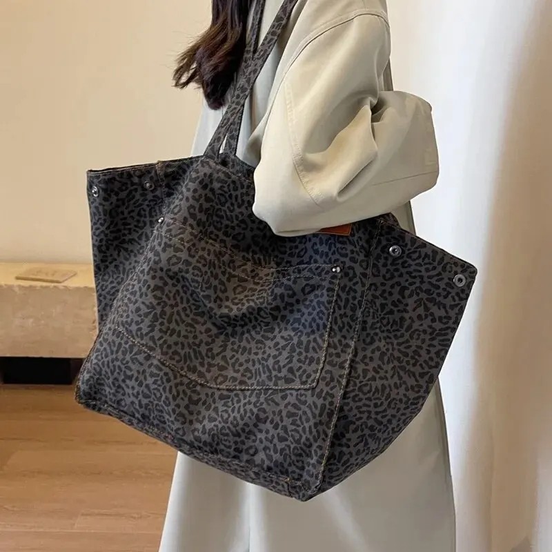 2026 Vintage Leopard Print Canvas Tote Bag Large Capacity Shoulder Handbag Work✨