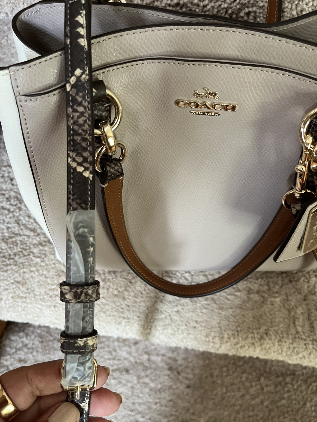 Coach Minetta Taupe Off White Exotic Leather Trim MSRP $375 NWT & Wallet