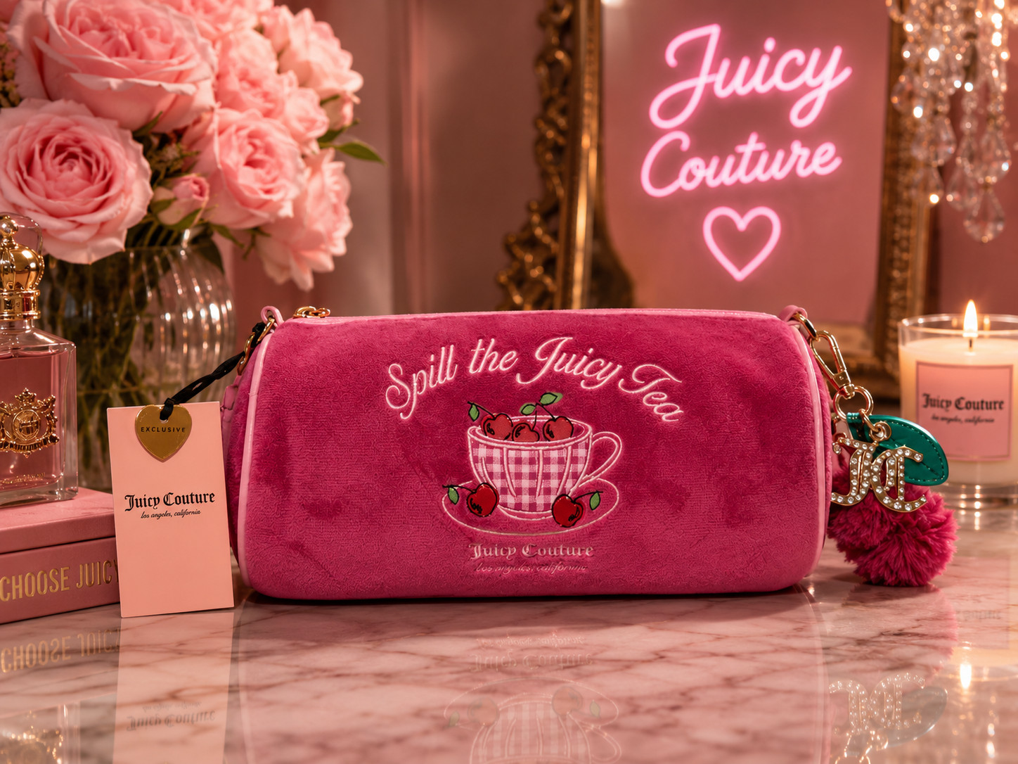 Juicy Couture Sweet Tea Party Pink Cherry Cylinder Bag With Charm – Brand New