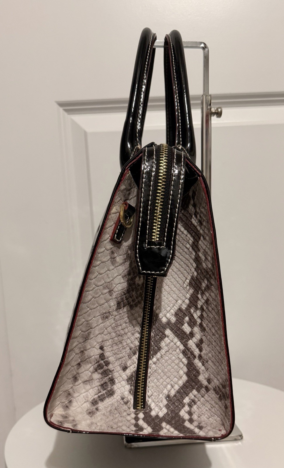 Arcadia Black Patent Leather Snake Embossed Sides Bag, No Shoulder Strap
