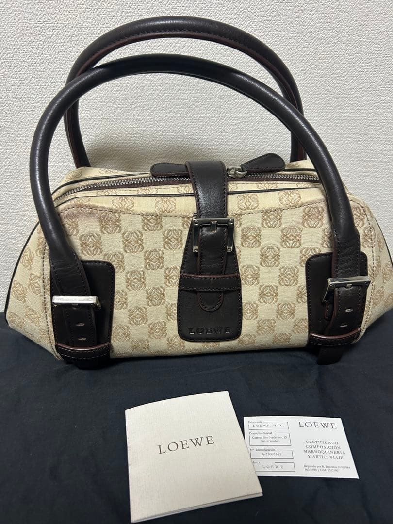 LOEWE Senda Anagram Monogram Handbag Canvas Leather Beige Brown H6.3in W9.8in