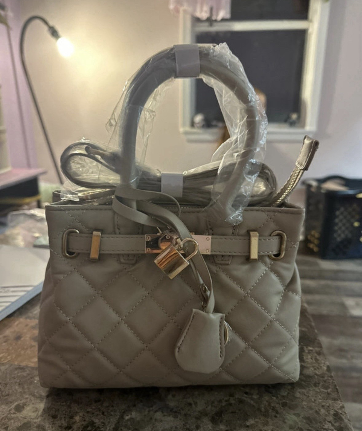 Badgley Mischka Studio Small Quilted Beige Tote Front Lock Zip Detach Strap