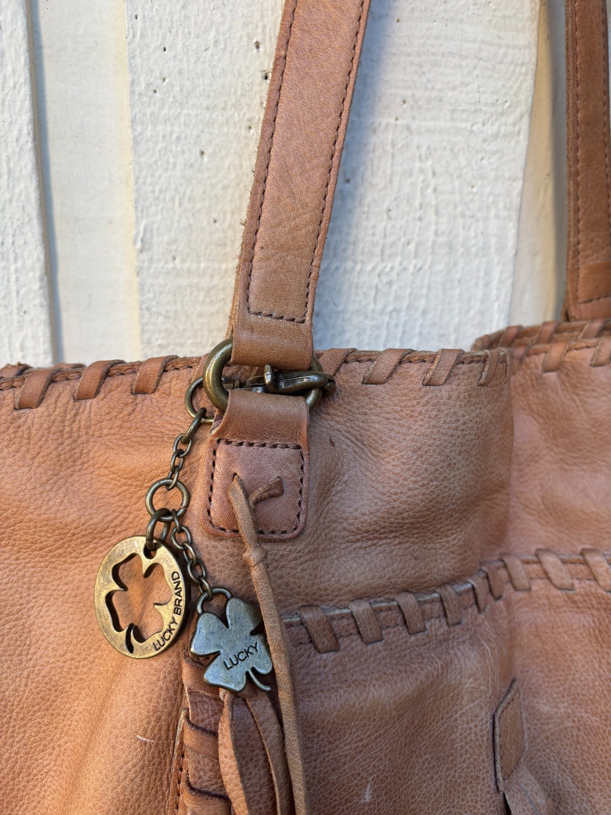 Lucky Brand genuine leather tote shoulder bag in a tan/cognac color