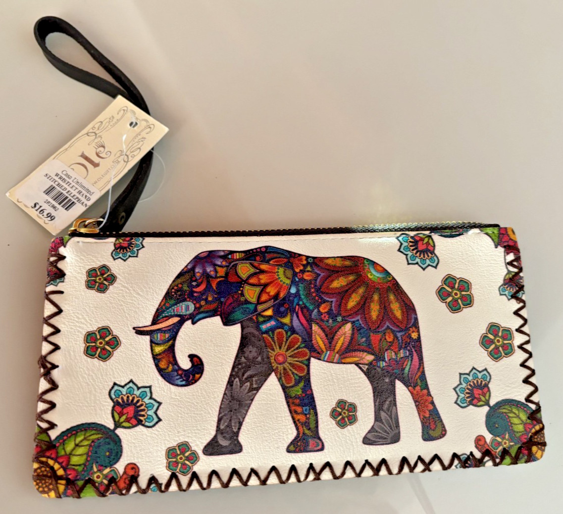 Ole Gift Bohemian Elephant Print Wristlet Hand-stitched vegan leather Purse