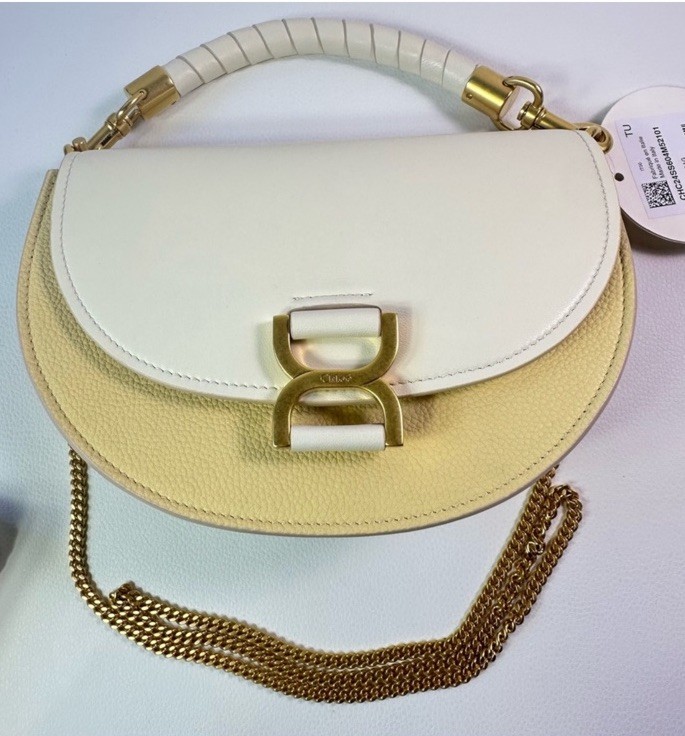 NEW Chloe Marcie Chain Flap Calf Leather & Suede White/Cream/Gold