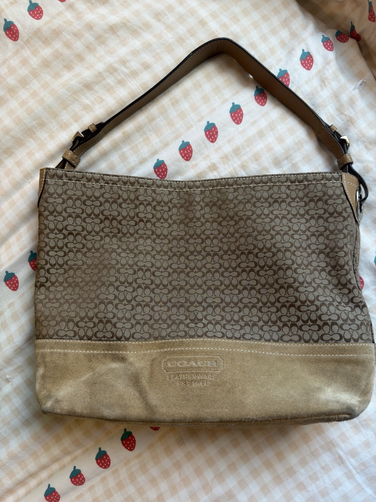 Coach Signature Medium Monogram Shoulder Bag Beige/Brown Zip Detachable Strap