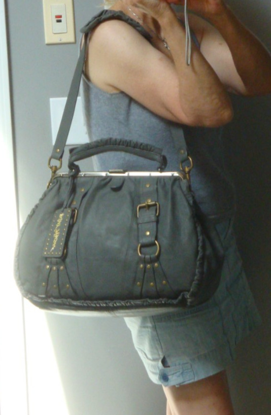 BETSEY JOHNSON Genuine Leather Gray Satchel Frame Bag Handbag Large Studded Y2K