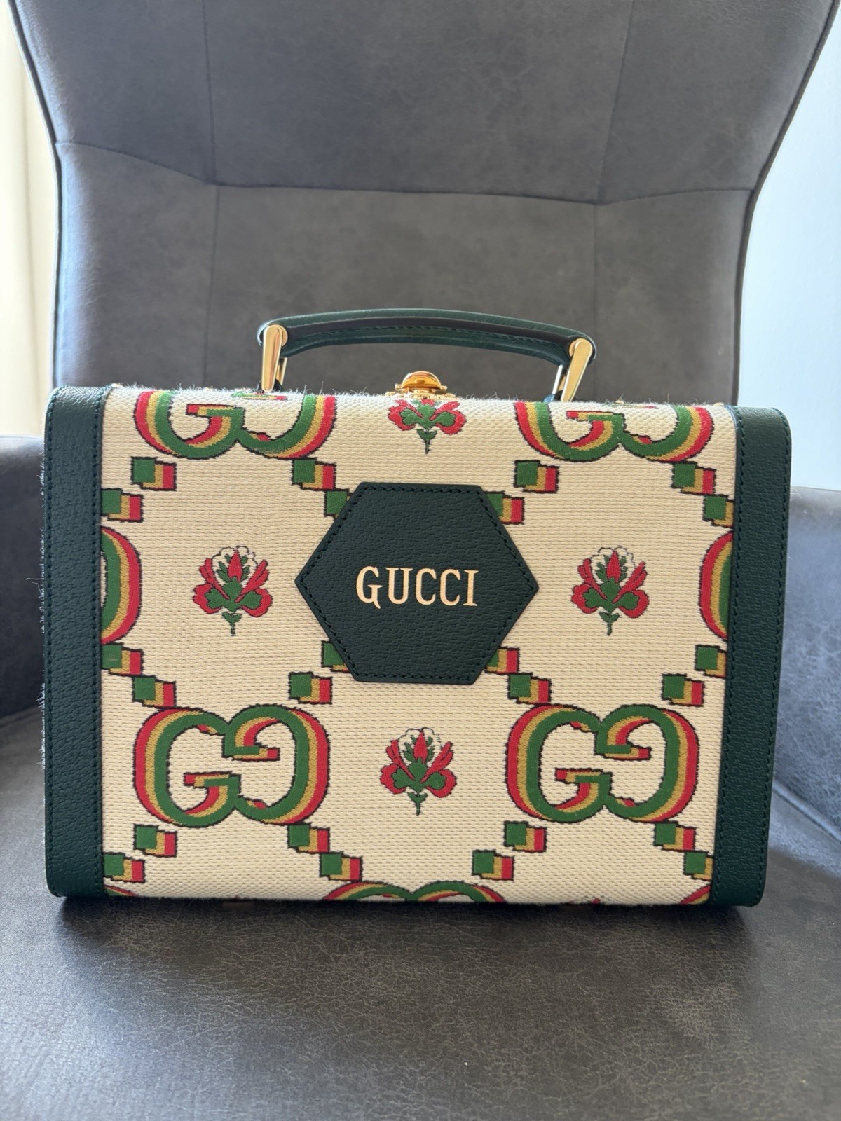 Gucci Floral GG Beige Top Handle Bag Green Leather Trim Gold HW Strap Dust Bag