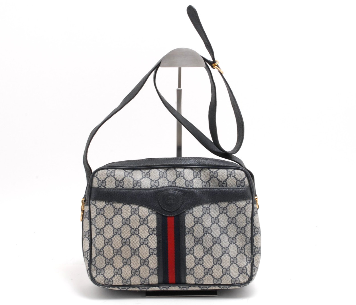 Gucci Vintage GG Supreme Web Stripe Leather Shoulder Bag Crossbody Navy