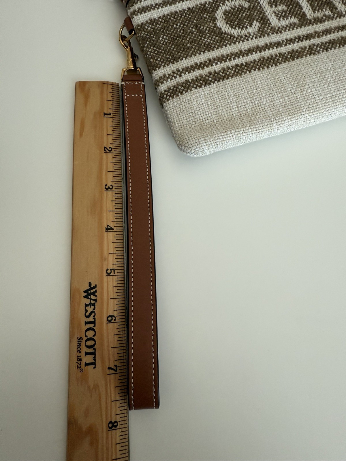 NEW Celine Logo Striped Jacquard Textile Calfskin Wristlet / Pouch Tobacco -Tan