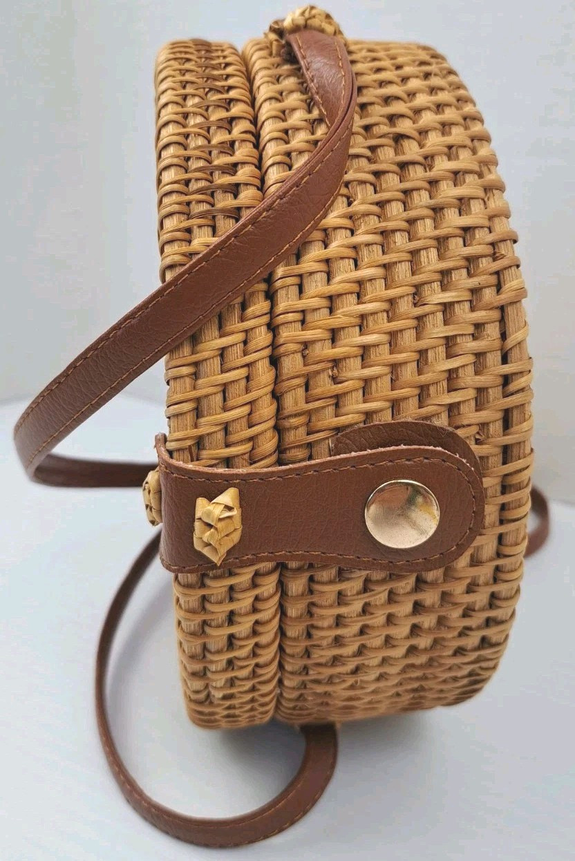 Rattan & Wood Round Purse Crossbody Bag Hand Made Woven Lined Lightweight New
