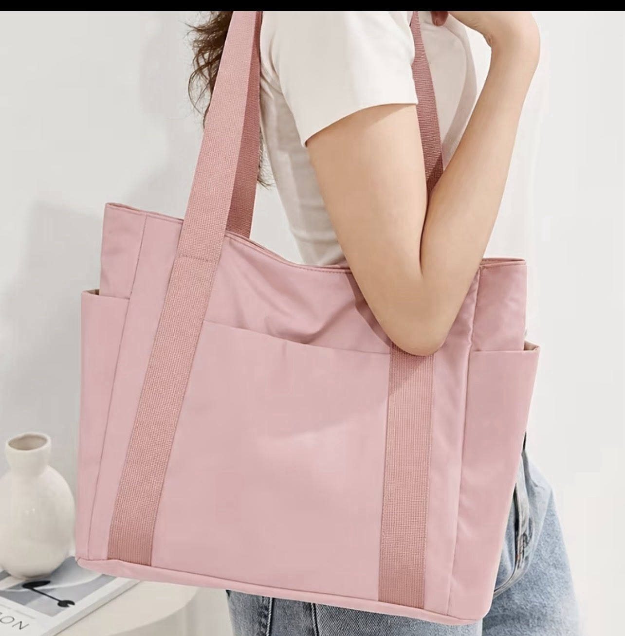 Women’s Solid Tote Shoulder Bag, Double Handles, Exterior Pockets, Pink/Black
