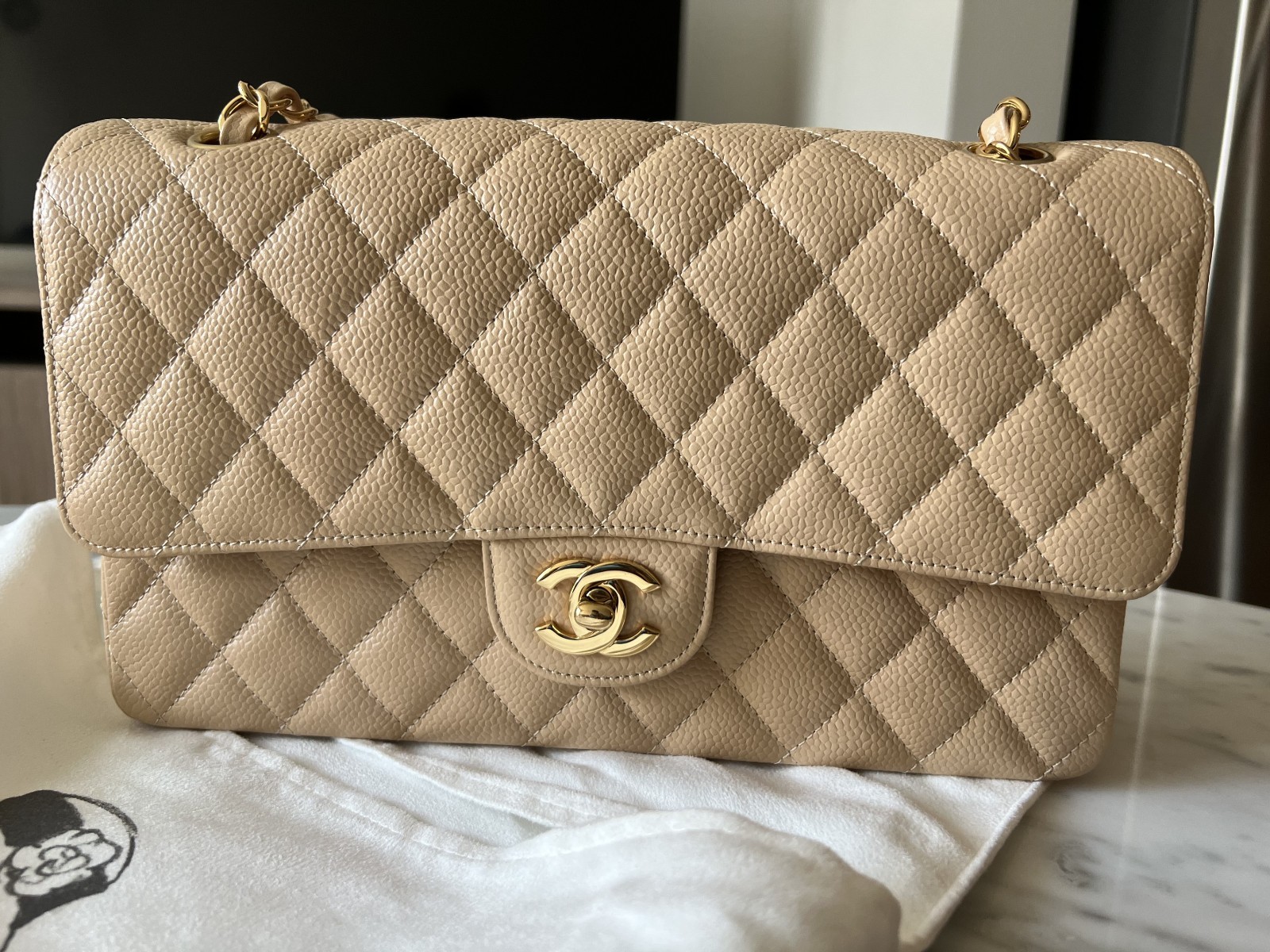CHANEL Classic Double Flap Bag — Medium, Beige Clair Caviar, Gold Hardware