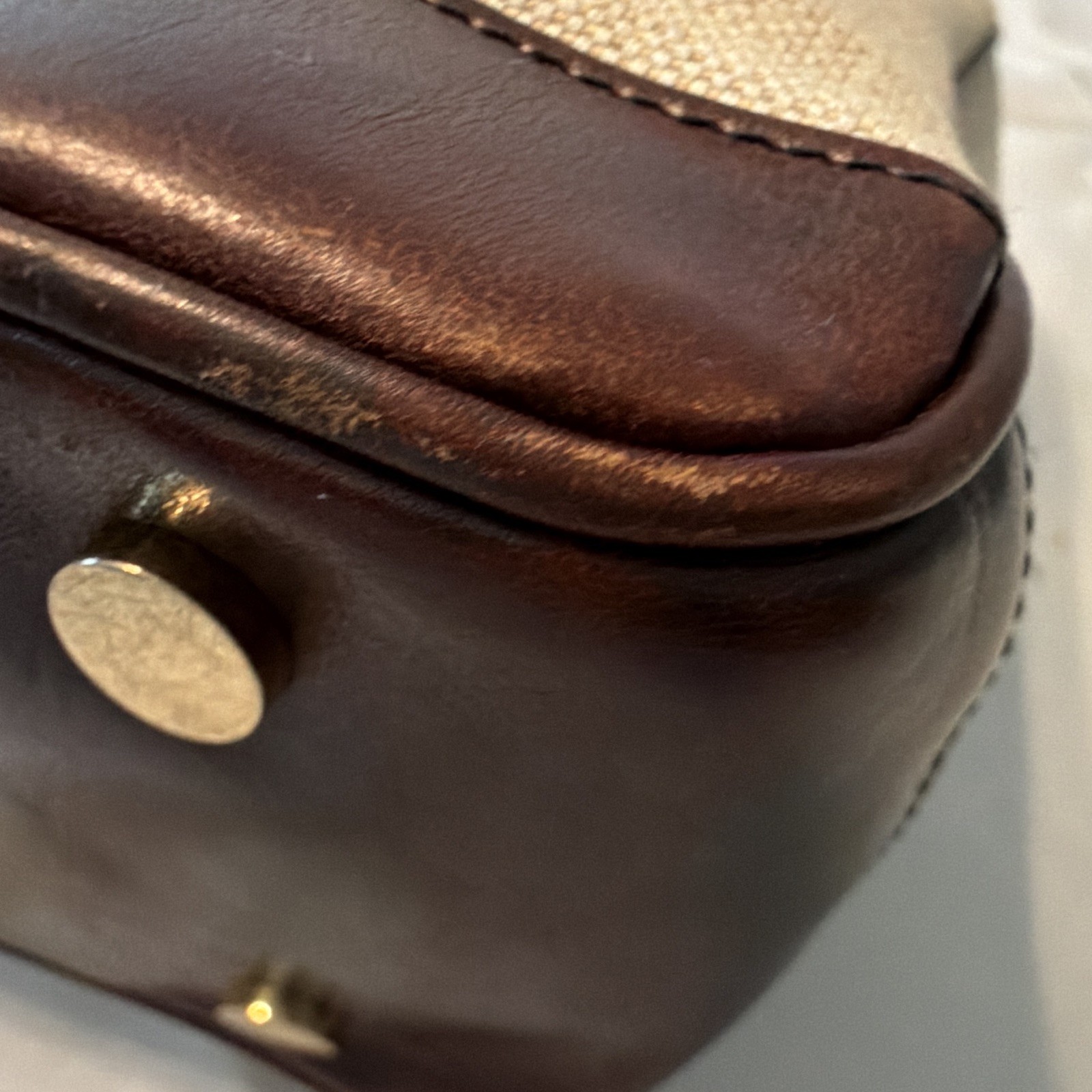 Oroton Sydney Beige Brown Tote Zip Top Pouch Gold Hardware Double Handles