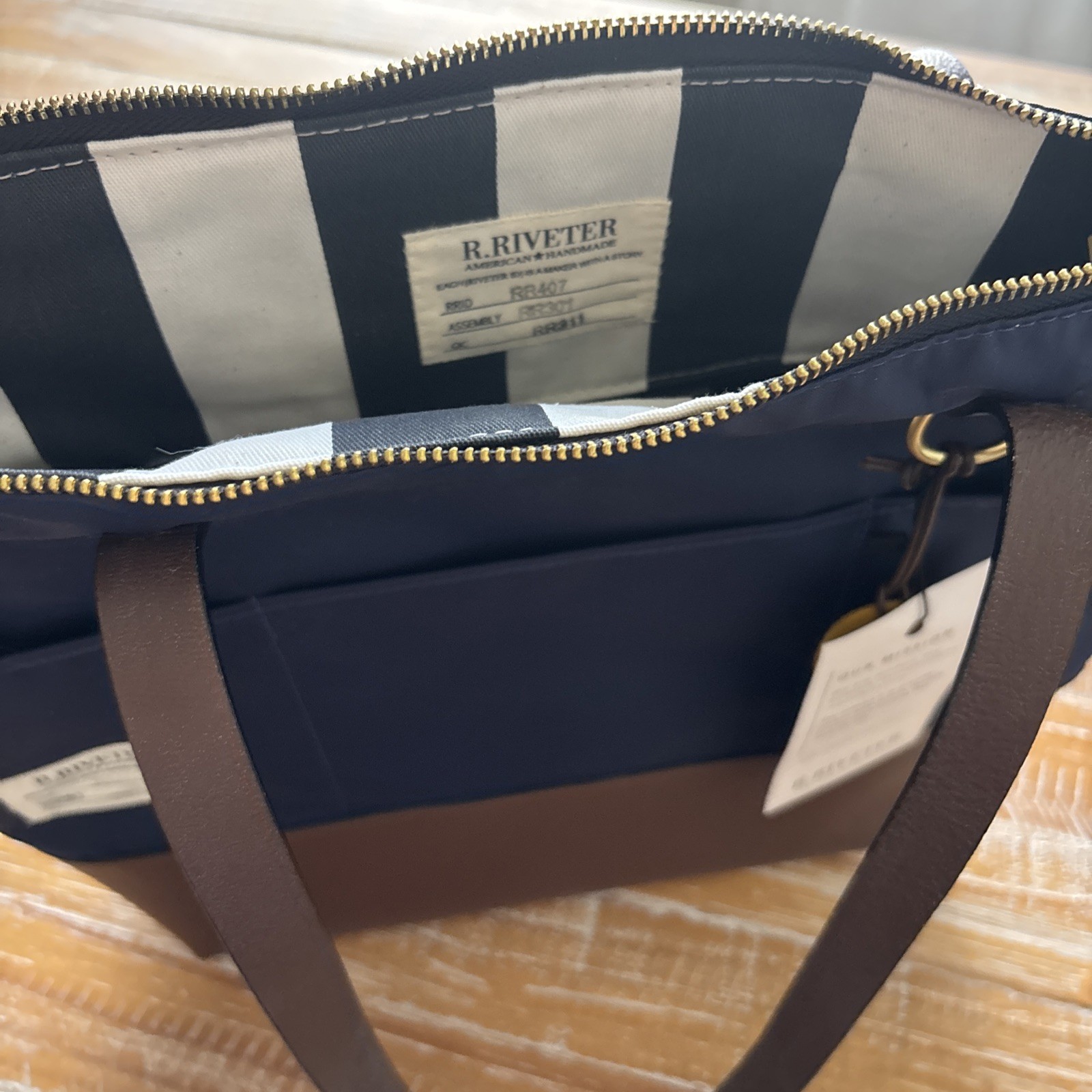 R. Riveter Otto Navy Blue Canvas & Brown Leather Crossbody Tote Bag USA NWT NEW