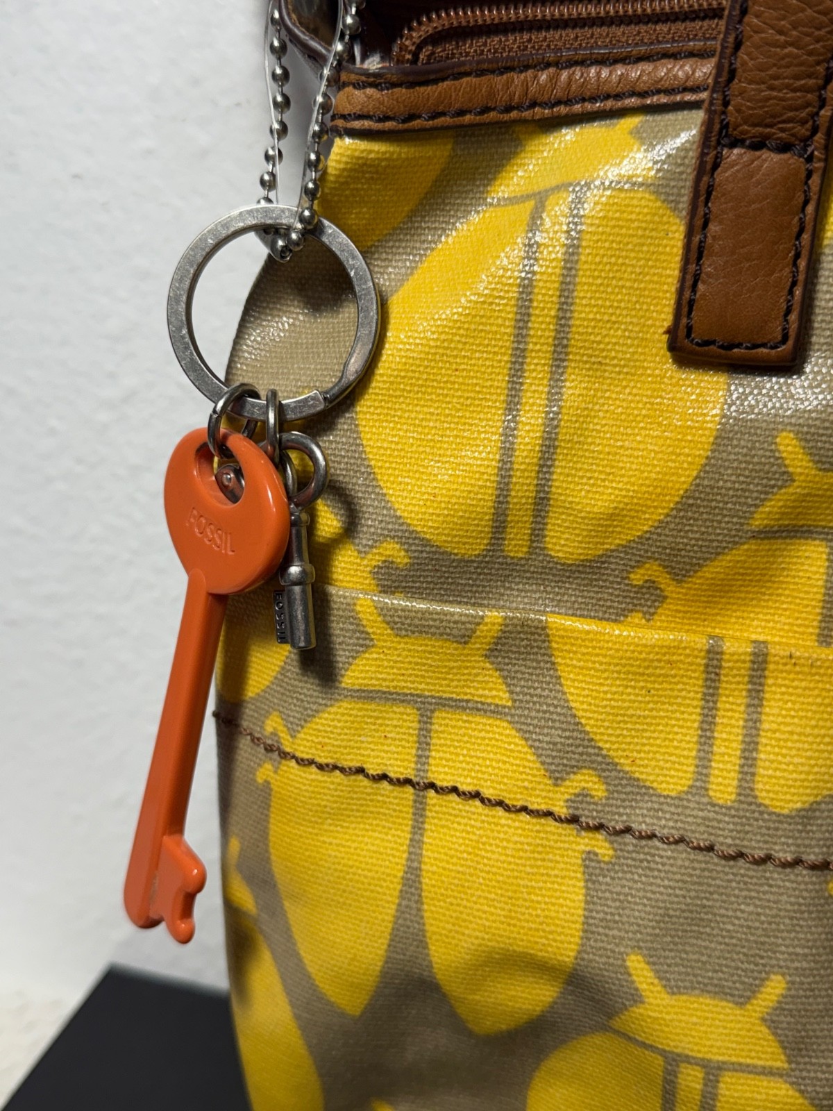 Fossil Key Per Yellow Textured Cowhide Leather Ladybug Print Tote/Shoulder Bag