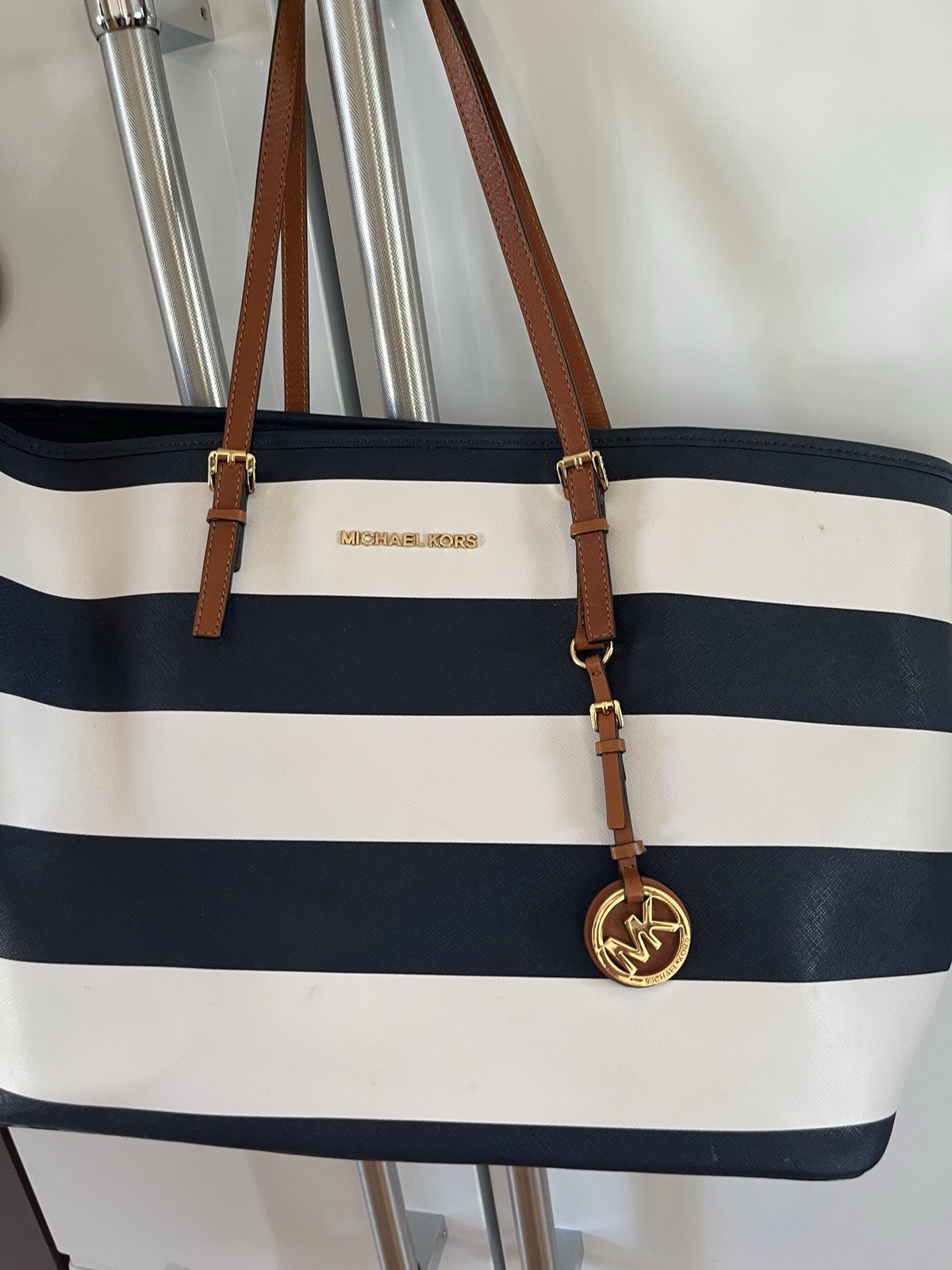 Michael Kors…Vintage Navy Blue & White Striped Jet Set Nautical Tote Bag
