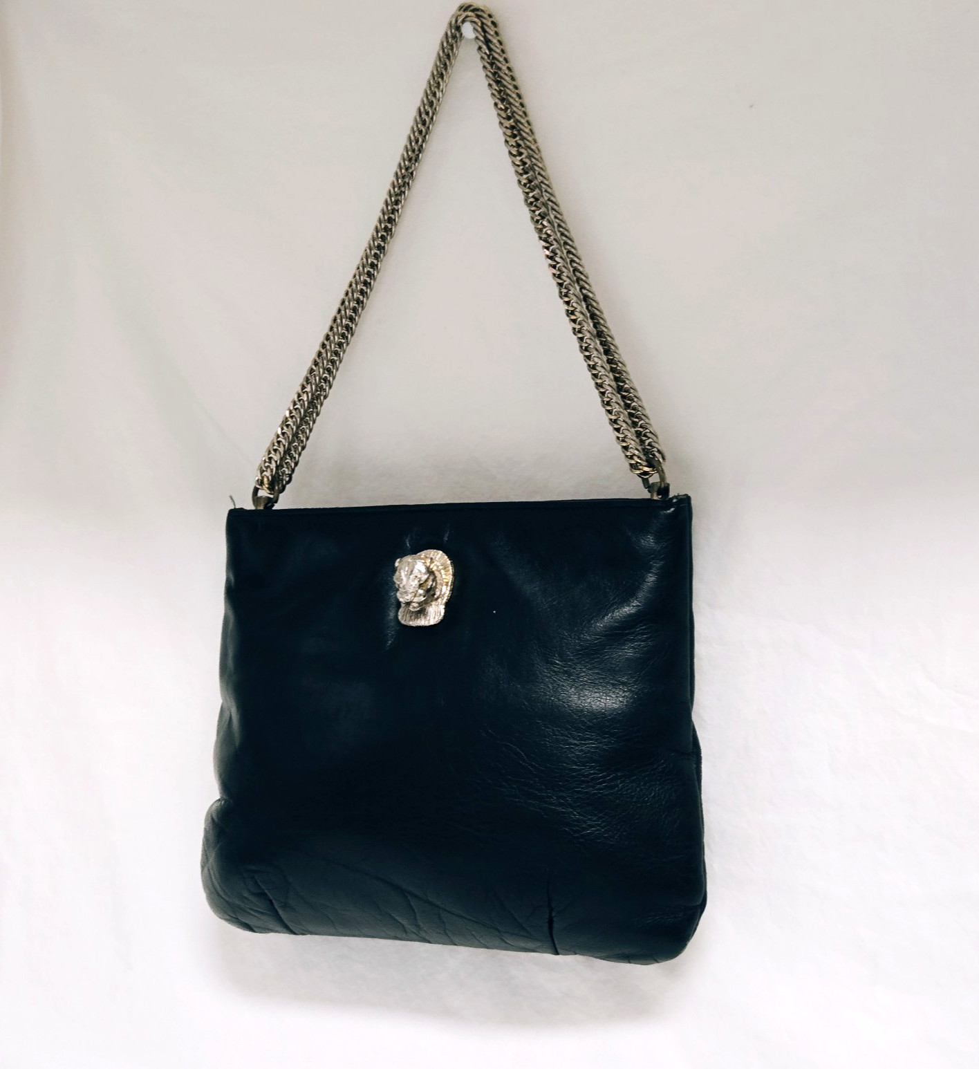 Ruth Saltz 1970s Leather Purse Handbag Cougar Motif Convertible Chain Hardware
